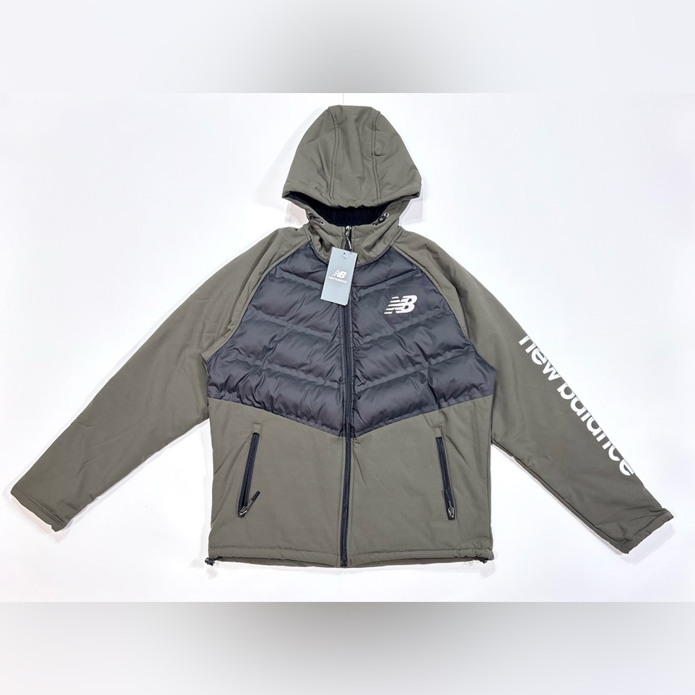 New Balance Men's Hybrid Fleece-lined Full Zip Puffer Jacket Olive Black